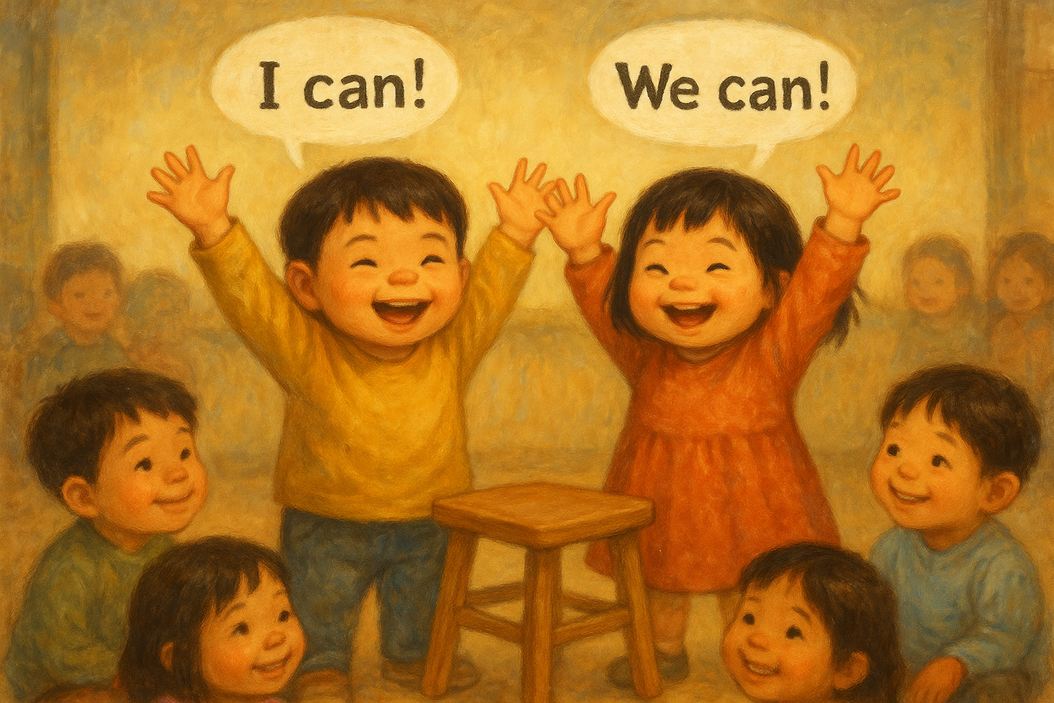 兒童英語即興課,一男一女兩個孩子舉手開心喊 I can、We can 的自信時刻