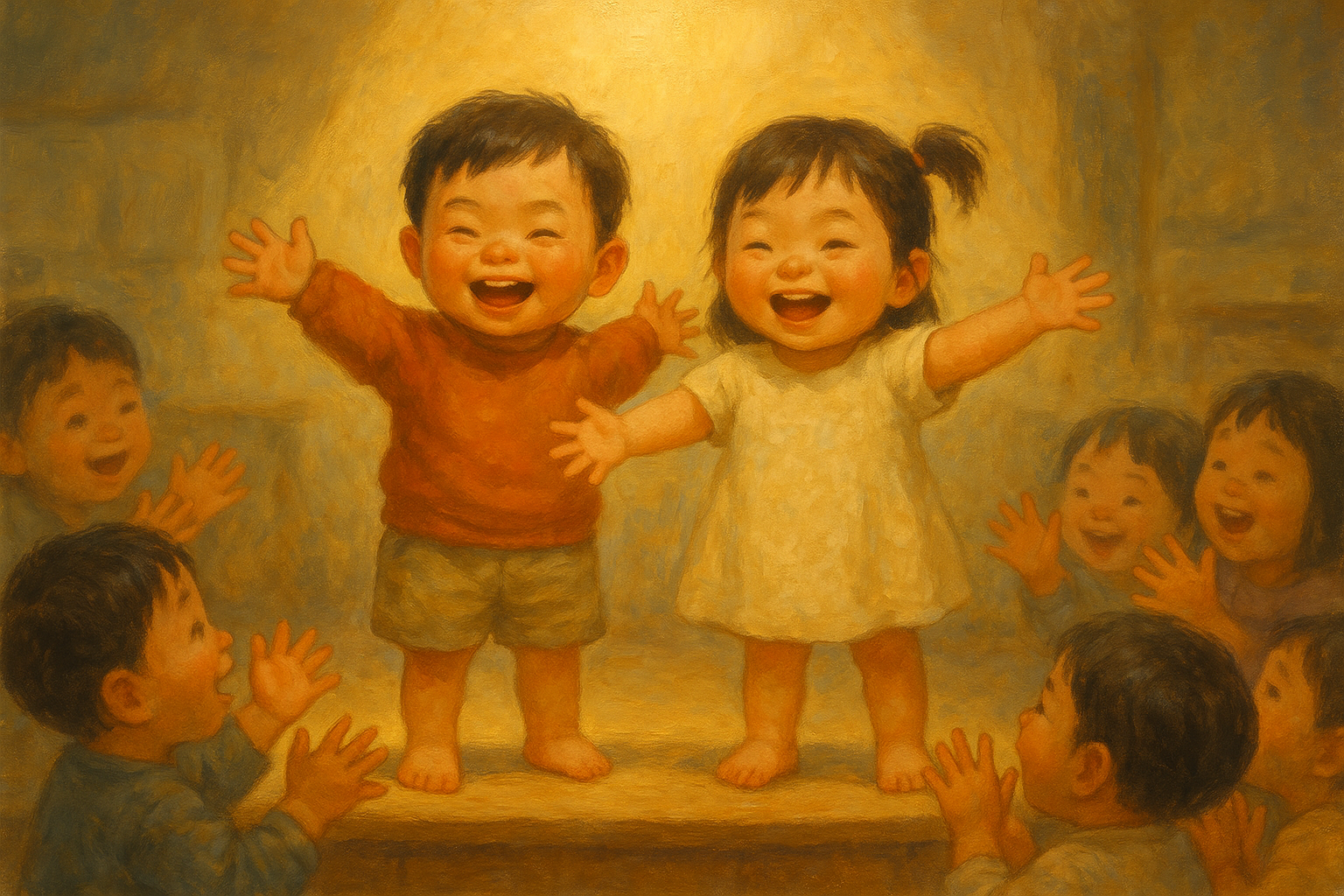 兒童中文即興戲劇課,一個男孩和一個女孩當主角,在台上張開雙手、勇敢又開心演出的時刻