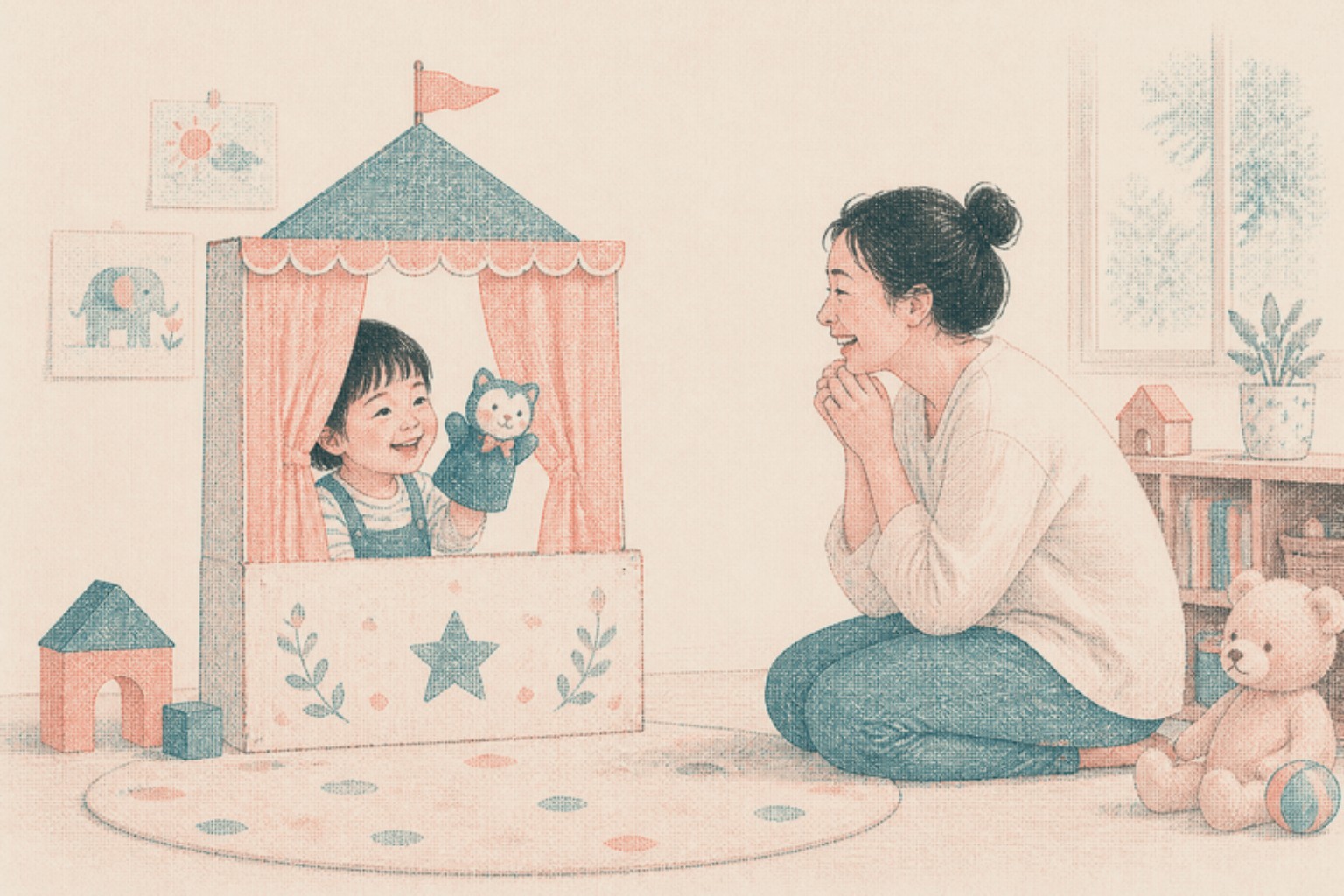 孩子沒自信時,先讓他在安全的地方試一小步:孩子從小劇場布幕後探頭表演,媽媽在前面當觀眾笑著看